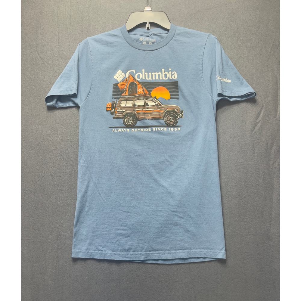 Columbia graphic tee with SUV and sunset sz S gorpcore outdoor adventure